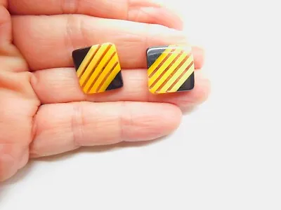 Black Yellow Translucent Plastic Pierced Earrings Vintage • $4.45