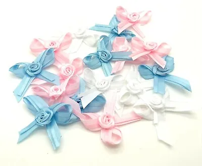 Satin Ribbon Baby Bow With Rose Applique Decoration Gift Craft Bows Cardmaking • £3.80