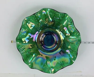 Emerald Green/ Rainbow Glass Bowl 15  In Dia. Embossed Grapes/leaves SIGNED • $97.95