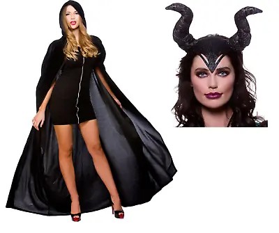 Adult Ladies Evil Witch Halloween Fancy Dress Costume Black Cape & Gothic Horns • £5.99