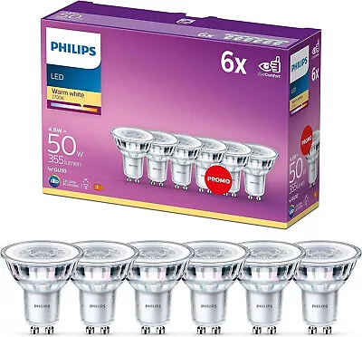 GU10 LED Bulbs Philips 4.6 W = 50 Watt Warm White 2700K 6 Pack Non Dimmable UK • £16.81