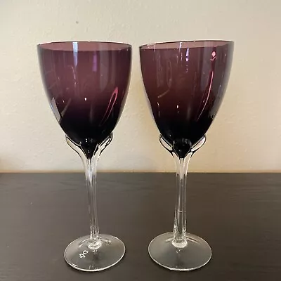 Set Of 2 Murano Art Glass Hand Blown Clear Ribbed Stem Purple Wine Glasses • $14.99