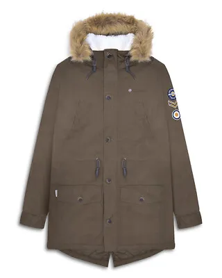 New Mens Lambretta Premium Fishtail Sherpa Lined Parka Coat Khaki Green RRP £120 • £110