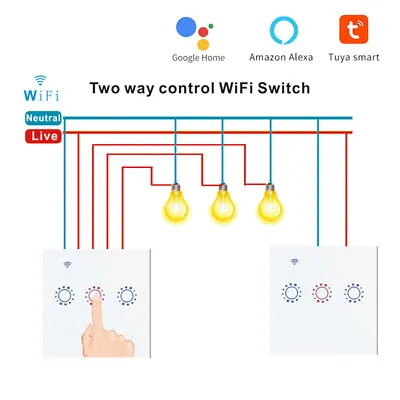 2PCS TUYA Smart 1/2/3 Gang 2 Way WiFi Touch Panel Home Wall Light Switch F Alexa • £7.19