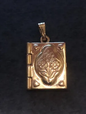 Vintage Yellow Gold Filled Book Shaped Pendant Locket With Flower Engraving • $19.99