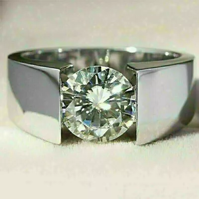 8mm Round Cut Moissanite Tension Set Men's Engagement Ring 14K White Gold Plated • $173.13