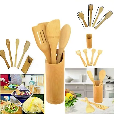 £6.99 • Buy 5Pcs Wooden Utensil Set Cooking Spatula Salad Spoons Kitchen Bamboo Holder Tools