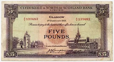 Scotland 1958 Clydesdale & North Of Scotland Bank Limited 5 Pounds Note Vf. • $45
