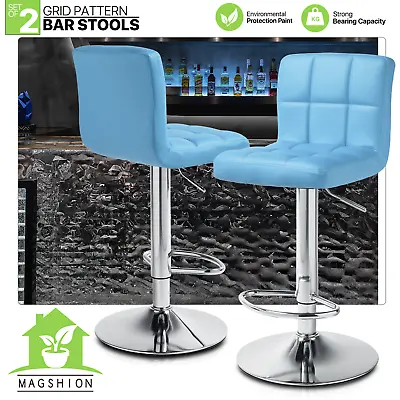Set Of 2 Adjustable Counter Height Bar Stools Blue PU Leather Swivel Pub Chairs • $92.99