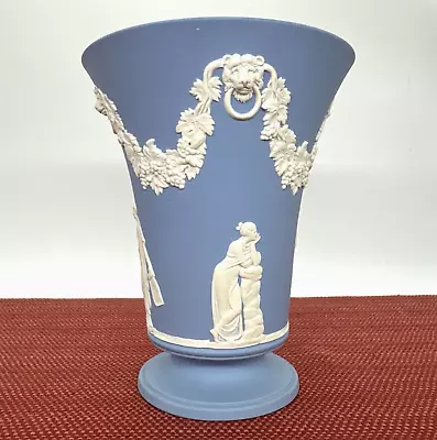 Vintage WEDGWOOD Jasperware 6  FOOTED BLUE VASE Classical Lion's Heads Grapevine • $89