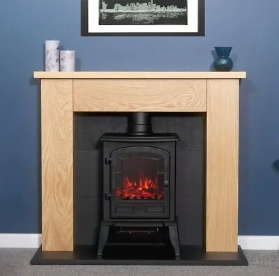 Electric Fire Stove Oak Mantle Black Fireplace Log Stove Surround Suite Bnib • £365.45