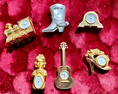 Lot O 6 Elgin & Perini Miniature Clocks Train Boot Guitar Praying Girl Mantle • $70