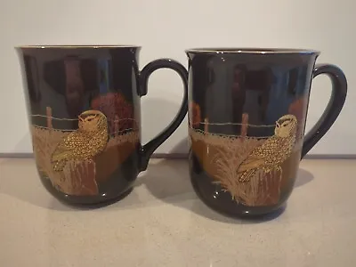 Vintage Set Of 2 Otagiri Owl Mugs Black Gold Japan Coffee Cup Gold Trim • $13.95