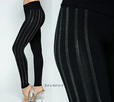 New VOCAL Womens SOLID BLACK CRYSTAL BLING STRETCH LEGGINGS PANTS S M L XL USA • $37.95