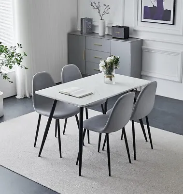 120cm White Marble Effect Kitchen Dining Table & 4 Fabric Chairs Set - Black Leg • £239.99