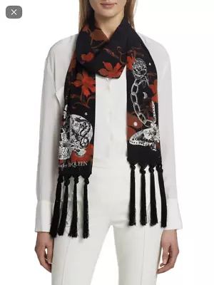 $326.45 • Buy NWT Alexander McQueen $490 Tattoo Skulls Silk Scarf, Black / Red