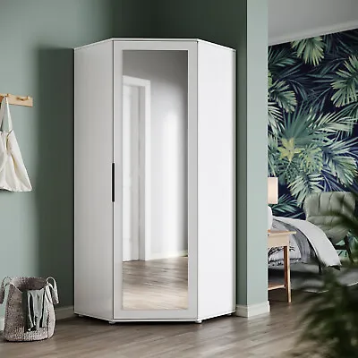 £265.98 • Buy Modern Corner Mirrored Wardrobe White High Gloss Door With Hanging Rail Shelves
