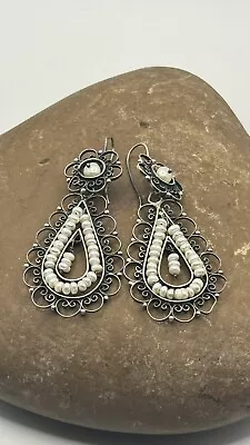 Feminine FEDERICO JIMENEZ Sterling Silver OAXACA Filigree EARRINGS White Pearls • $455.99