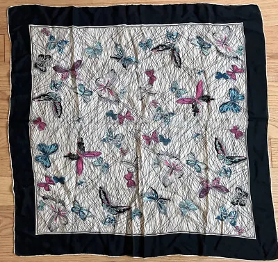 VTG Scarf Silk Crepe Black Netted Butterflies Hand Rolled 30” • $14.95