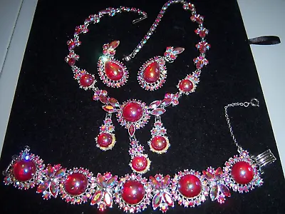 VTG Miriam Haskell Iridescent Red Rhinestone Necklace Bracelet Earring Set Parur • $779.99