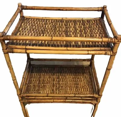 Italian Bamboo Wicker Rattan 2 Tier Side Table End Table MCM Palm Beach Chic • $348