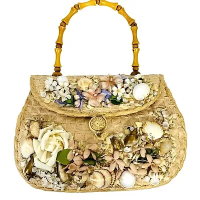 VTG Raffia MCM Seashell Floral Purse Retro 60s Beach Basketweave Cottage RARE • $75.63