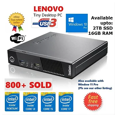 Lenovo I7 2TB HDD SSD 16GB RAM M93 M73 UltraSmall Tiny PC WIN10 PRO WiFi Desktop • £109