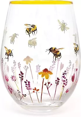 Set Of 2 Busy Bee Stemless Glass Hand Painted Gin Wine Drink Garden Gift Boxed • £16.99