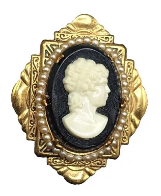 Vintage Gold Tone Black White Cameo Woman Faux Seed Pearl Brooch Pin • $20