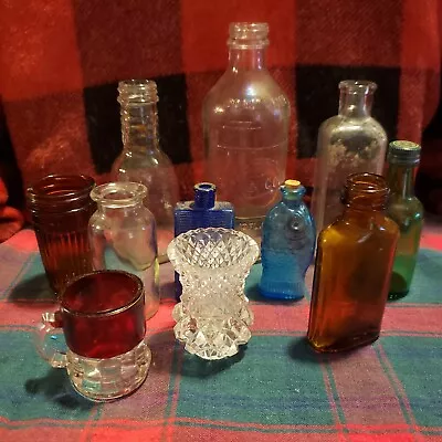 Mixed Lot 11 Vintage Small Glass Bottles Ruby Glass Cobalt Booze Pepsi & More • $10
