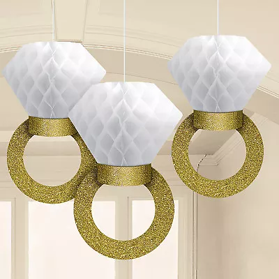 3 Honeycomb Gold Rings Hanging Ceiling Decorations Wedding Engagement Hen Party • £5.98