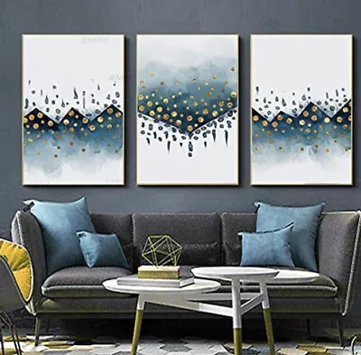 3 Piece Canvas Art Painting Blue Gold Abstract Mountain Mid Century Modern New • $51