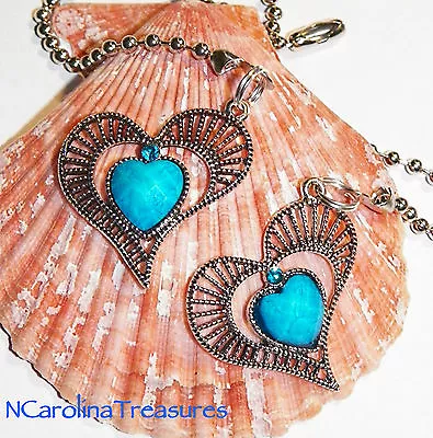 Antique Silver Blue Crystal Turquoise Heart Vintage Ceiling Fan Switch Pull Pair • $10