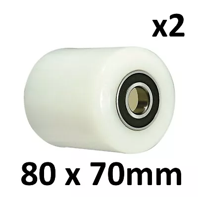 X2 PALLET TRUCK NYLON ROLLERS WHEELS / COMPLETE WITH BEARINGS 80X70mm • £24.96