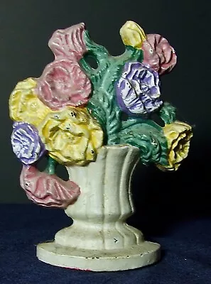 Vintage 5  Cast Iron Vase Full Colorful Spring Flowers Door Stop W/Felt Bottom • $20