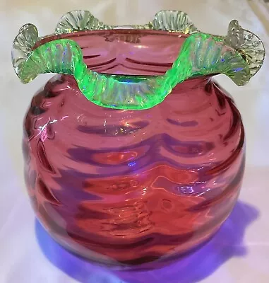 Antique Victorian Ripple Shape Cranberry Glass Bowl With Vaseline Frill • £15