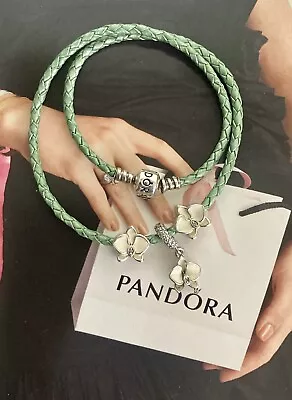 Pandora Green Double Leather Bracelet With Orchid Charms Sterling Silver . 925 • $115