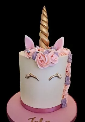 Edible Handmade Sugar Unicorn Horn Ears & Gold Lashes Birthday Cake Topper Diy • £12.99