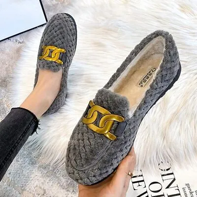 Chain Lambs Wool Sneakers Winter Shoes Women Warm Plush Loafers Fur Flats • $41.19