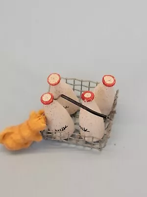 Vintage Miniature Milk Bottles In Wire Basket With Tiny Kitten For Dollhouse  • $14.99