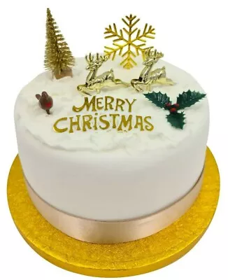 7 Piece GOLD SET Merry Christmas Cake Decorations Yule Log Cupcake Toppers • £4.99