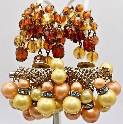 Vintage Fall Color Dangle Clip Earrings Honey Amber Lucite & Beaded W Rhinestone • $12.50