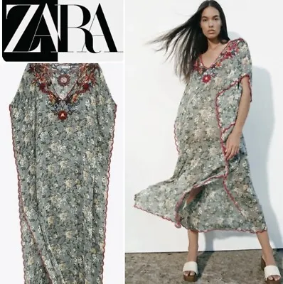 $23 • Buy ZARA Embroidered Tunic Caftan Floral Maxi Dress ~ Size Med Green 7521/079