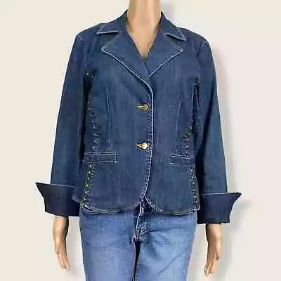 VS2 By Vakko Size 4 Blue Studded Denim Flip Cuff Tailored Casual Blazer Jacket • $12