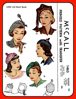 Misses BERETS Hats ADJUSTABLE 22½-23½  McCall 1463 Vtg 1949 Craft Sewing Pattern • $6.50