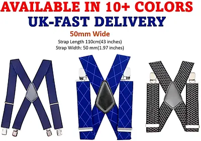 Mens Xxl 50mm Wide Heavy Duty X Shape Braces Elastic Suspenders Trouser Clips Uk • £7.49