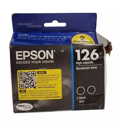 Genuine Epson 126 Black Printer Ink 2 Cartridges T126120-D2 EXP 10/2026 • $25.95
