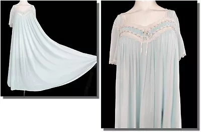 Sinfully Soft Miss Elaine Light Aqua Sweeping Nylon Gown W Lace & Bow M L • $9.99