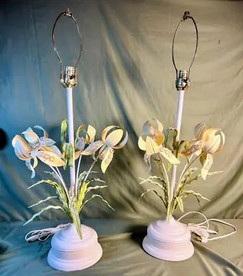 Pair Of Two Italian Wrought Iron Mid Century Tole Floral Iris Flowers Lamps Set • $337.50