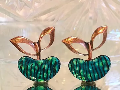 Vintage Signed Matisse Renoir Enamel Copper Green Apple Earrings • $19.99